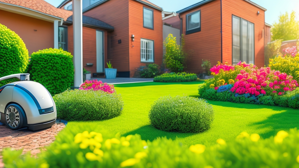 Kis kompakt kertben dolgozó robot fűnyíró városi hátsókert környezetben virágágyásokkal és szűk átjárókkal