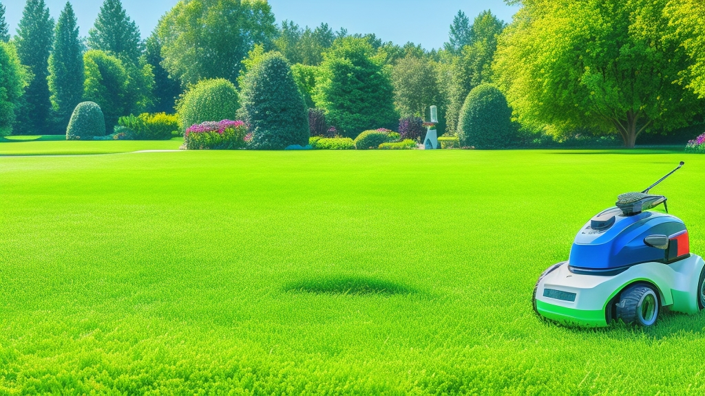 Robot fűnyíró működés közben tökéletesen ápolt gyepen optimális vágási mintázattal virágágyak és akadályok között navigálva